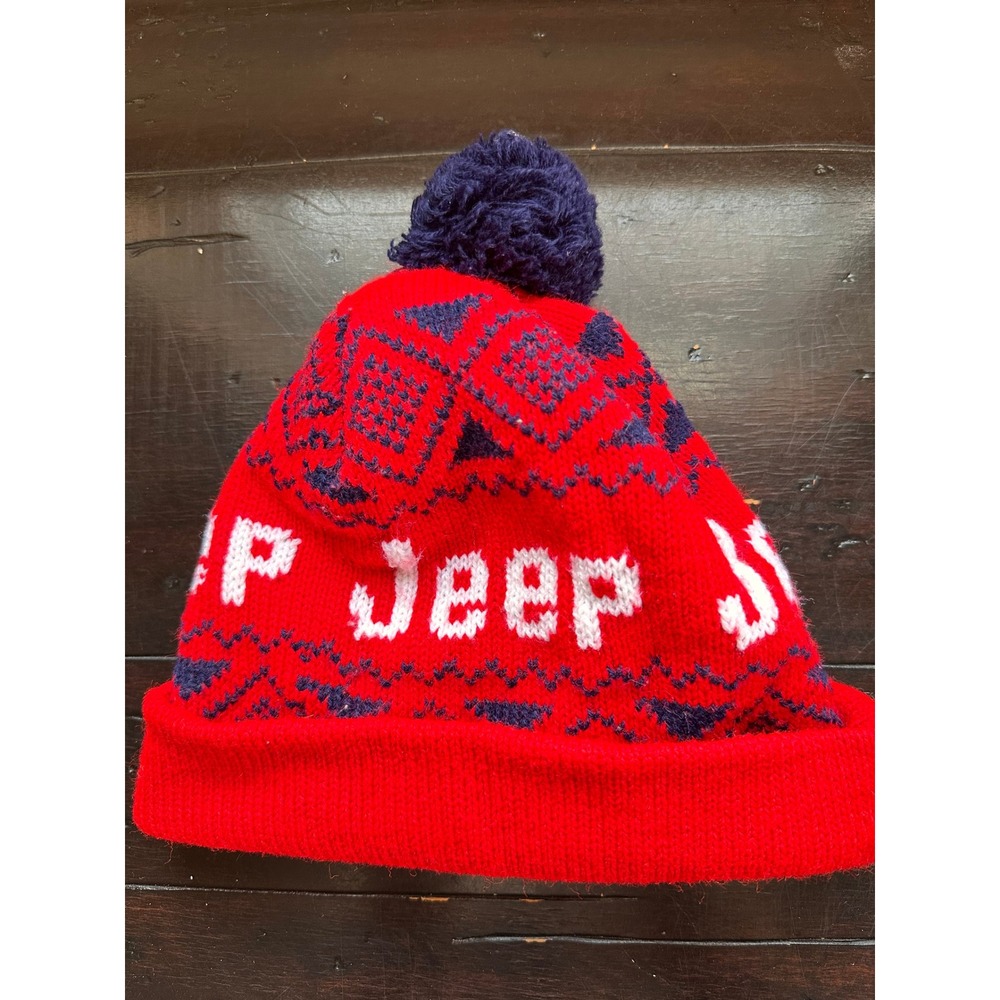 RARE Vtg Jeep Beanie Red Navy  Knit Pom Pom Hat Youth Adult Small Made in Canada